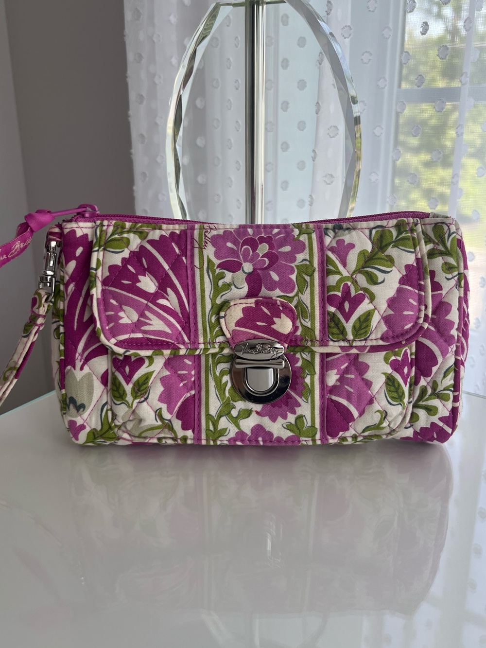 Vera Bradley Vintage Pink and Green Floral “Julep Tulip”Pattern Quilted Wristlet
